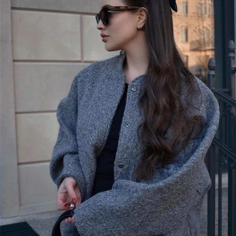 TRAFZA Autumn Winter Women Street Loose Bomber Jackets Woman Solid Lamb Wool Cotton Fur Long Sleeve Coat Fashion Thicken Jacket 240830