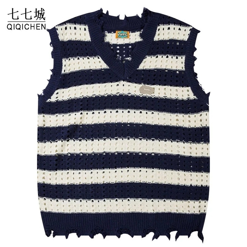 Mens Sleeveless Sweater Vest Women Striped Hollow Loose V-neck Sweaters Harajuku Casual Loose Knitted Pullove Spring Fall Jumper 240704