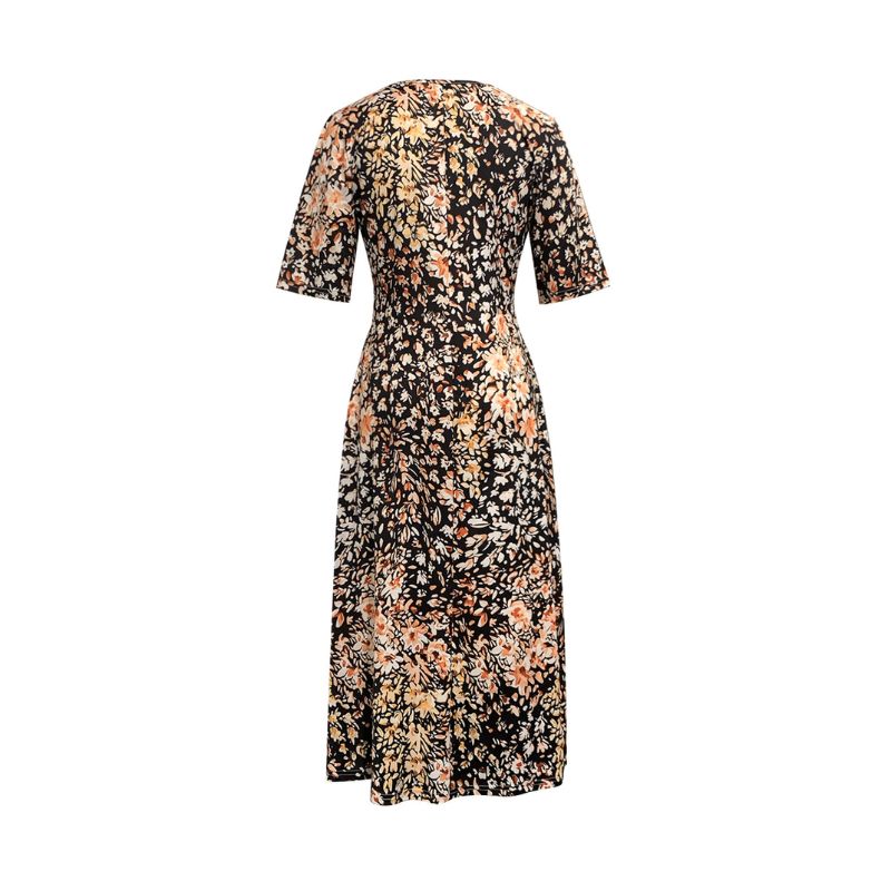 Women's Spring Summer New Fashion Vacation - Style Dress, Plant Printed V - Neck Milk Silk Midi Dress-CF53826