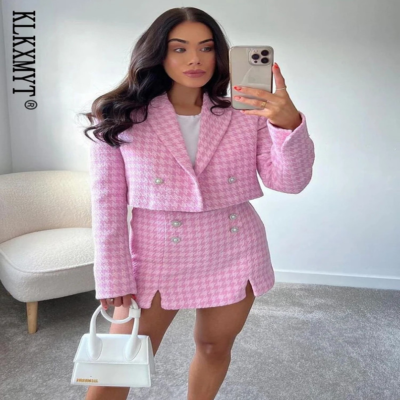 TRAF Women Suits With Skirt Sets Fashion Cropped Casual Blazer Set Woman 2 Pieces Check Mini Skirts Outfit 240423