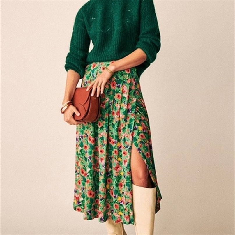 KBAT Spring Vintage Green Long Skirt High Waist Print Seaside Holiday Pleated Split Elegant Floral Women 220701