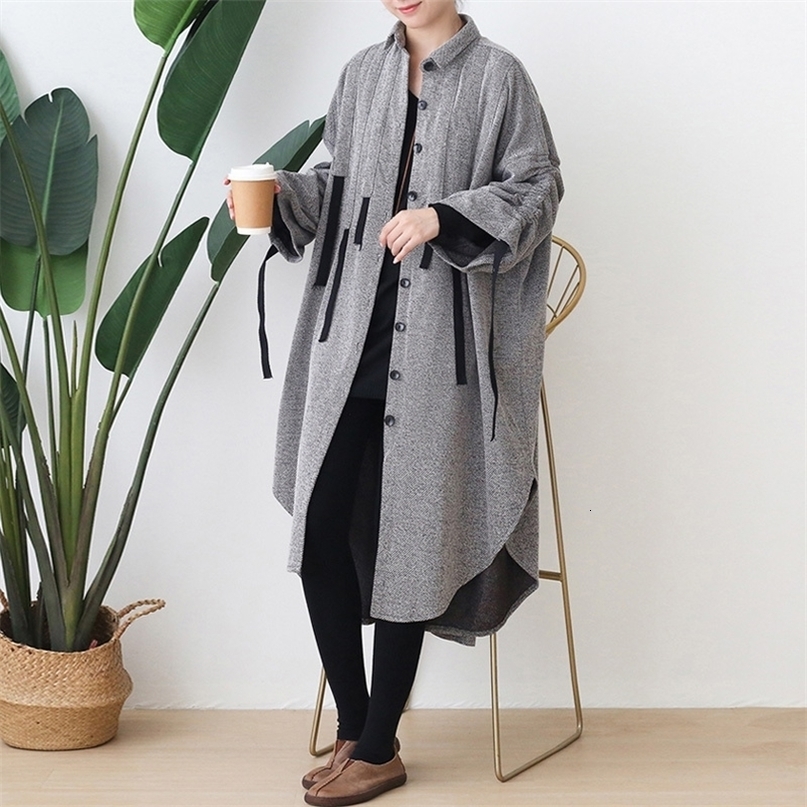 Johnature Women Harajuku Vintage Trench Button Warm Coats Cotton Blend 2020 Autumn New Loose Casual Female Clothes Long Trench T200828