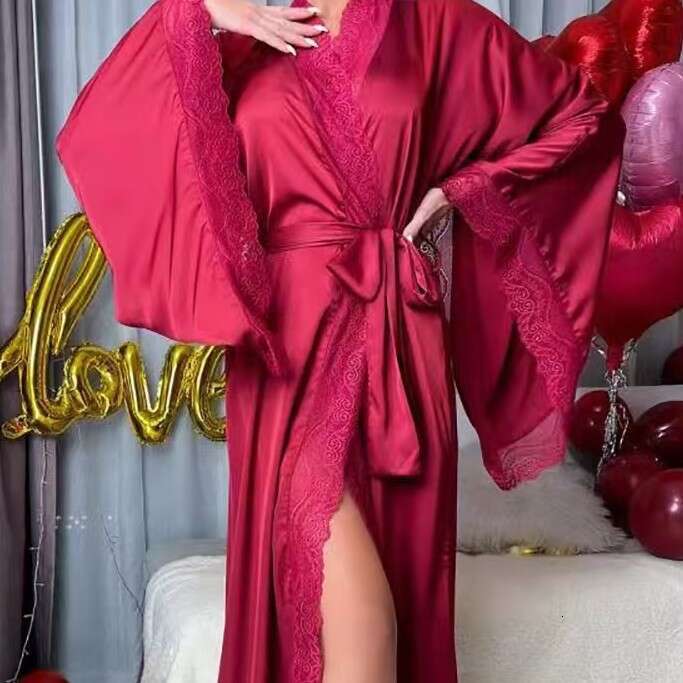 New Satin Nightgown Lace Light Luxury Long Sleeve Cool Nightdress Bathrobe Homewear for Women 7777