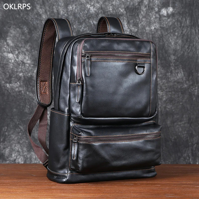 Mens leather backpack top layer denim large capacity travel bag casual school simple computer 240820