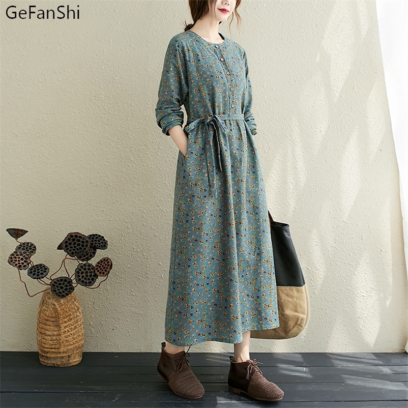 Casual Dresses Autumn Winter Women Dress Vintage Floral Long Sleeve O-neck Casual Loose Office Ladies Fashion Dresses Robe For Woman 230316