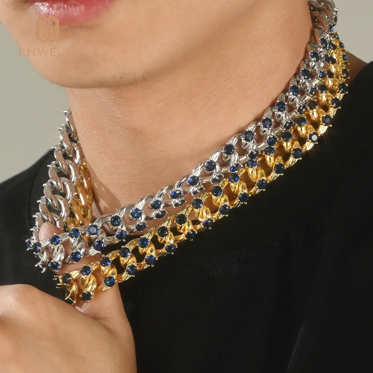 JWY 925 Sterling Silver D Color VVS1 Round White Moissanite Hip Hop Tennis Necklace Rhodium Plated Link Chain for Wedding or Gift