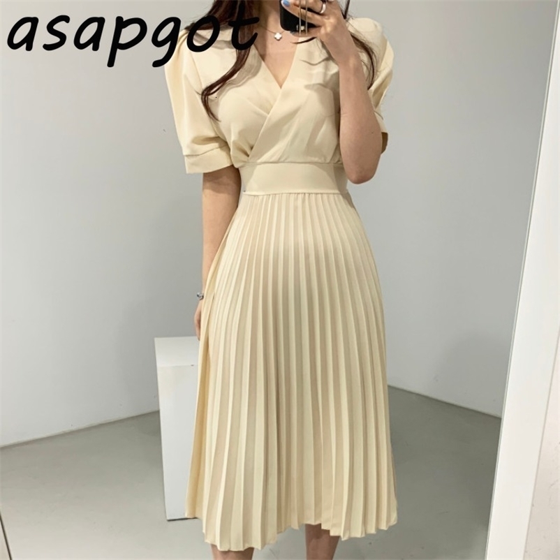 Korean Chic Summer Solid Oversize V Neck Bandage Waist Short Sleeve Pleated Dress Women Vestidos De Mujer Elegant Temperament 210429