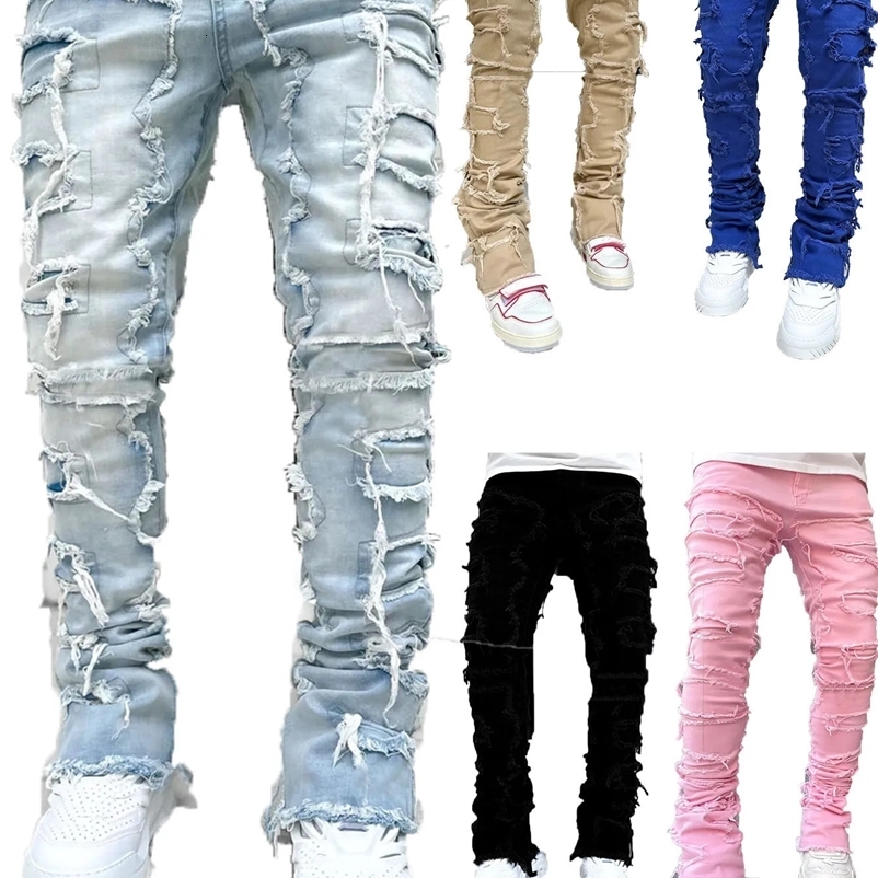 Mens Regular Fit Stacked Jeans Ripped Slim Fit Patch Distressed Destroyed Straight Denim Pants Hip Hop Streetwear Trouser Cloth 240912