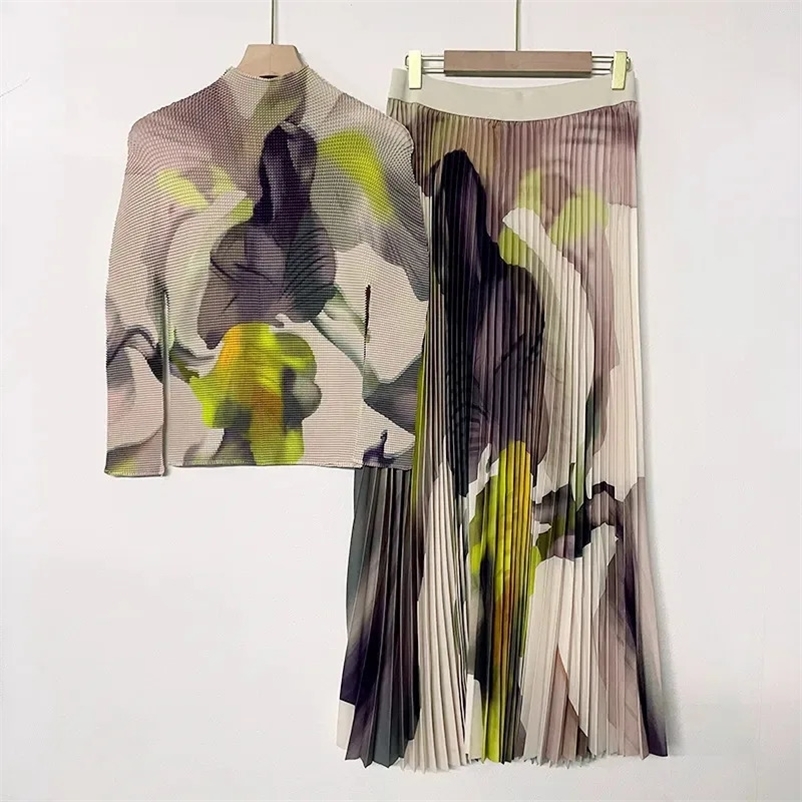 Miyake Pleated Women Suit Slim Western Print Stand Collar Long Sleeve Top Loose Slim Skirt Casual Party Two Piece Set 240429