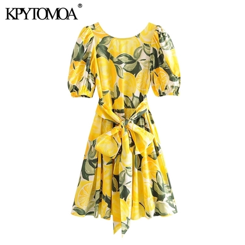 Women Chic Fashion Printed With Belt Mini Dress Backless Puff Sleeves Summer Female Dresses Vestidos Mujer 210420