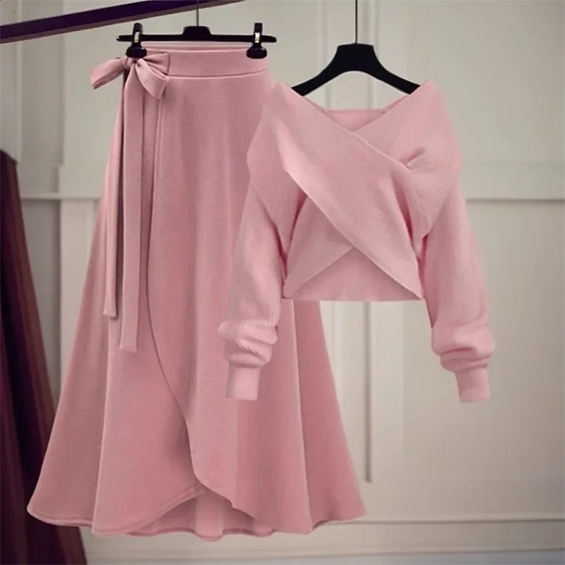 Fall Collection womens plus size Korean style weight loss cross sweater high waisted mini skirt two-piece set fashionable 250423