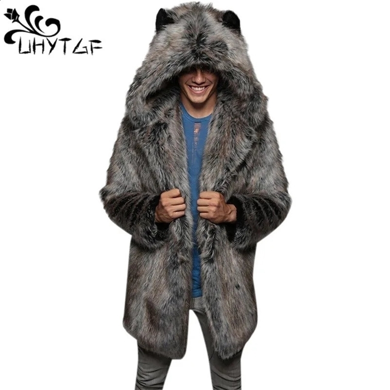 Mens artificial fur coat long sleeved hooded thick warm jacket mens plush fluffy open collar casual Parka chiffon winter fur coat 512 240930