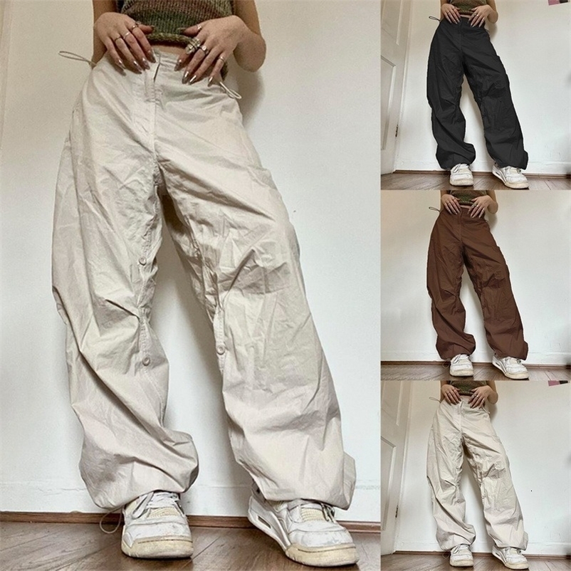 Women's Pants Capris Women Wide Leg Cargo Pants Y2K Vintage Low Waist Drawstring Joggers Tech Pants Casual Solid Hippie Streetwear Baggy Trousers