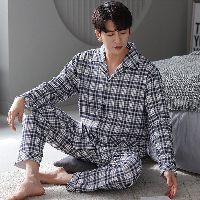 Men's Sleepwear Men Cotton Flannel Pyjamas Set Long Sleeve Top Plaid Bottoms Sleepwear Nightwear Spring Autumn Cotton Pijama For Men 230320