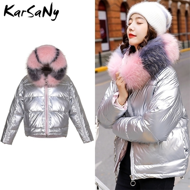 KarSaNy Fashion Winter Jackets Women Parka With Fur Woman Oversize Coat and Jacket Shiny Thicken Warm Coat With Fur Hood 201019