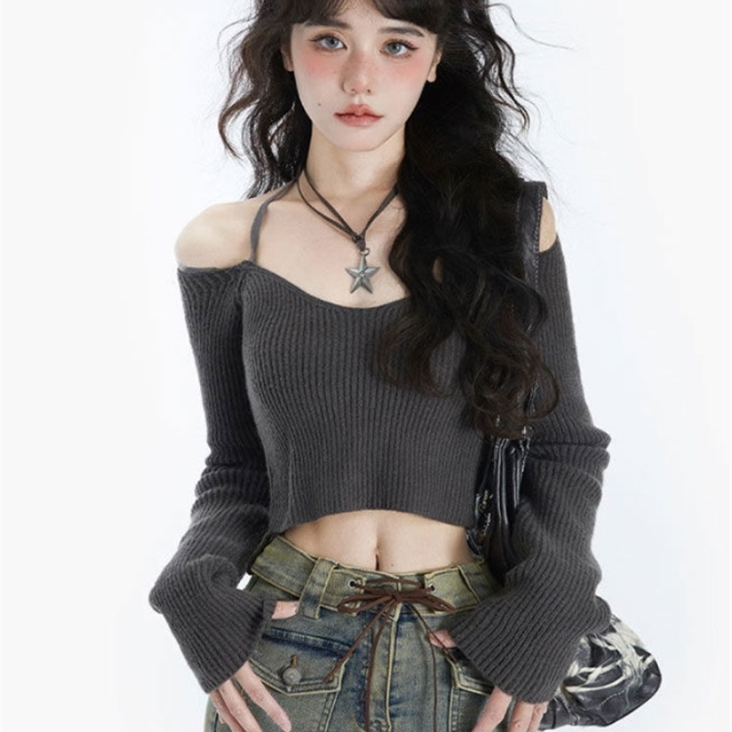 Women's Sweaters Y2K Women Korean Vintage Acubi Slim Cropped Sweater Aesthetics Long Sleeve Sweaters V Neck Gyaru Grunge Tight Pullovers Clothes 