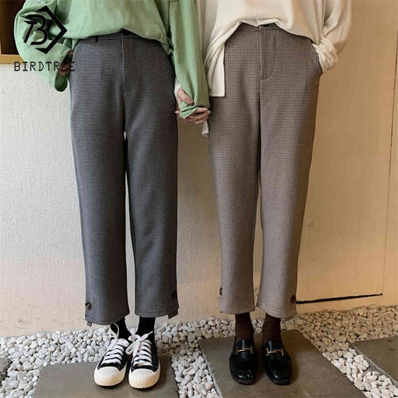 Plaid Women Harem Autumn High Waist Pockets Button Fly Fashion Ladies Ankle-Length Pants Casual Bottoms B06804K 210416