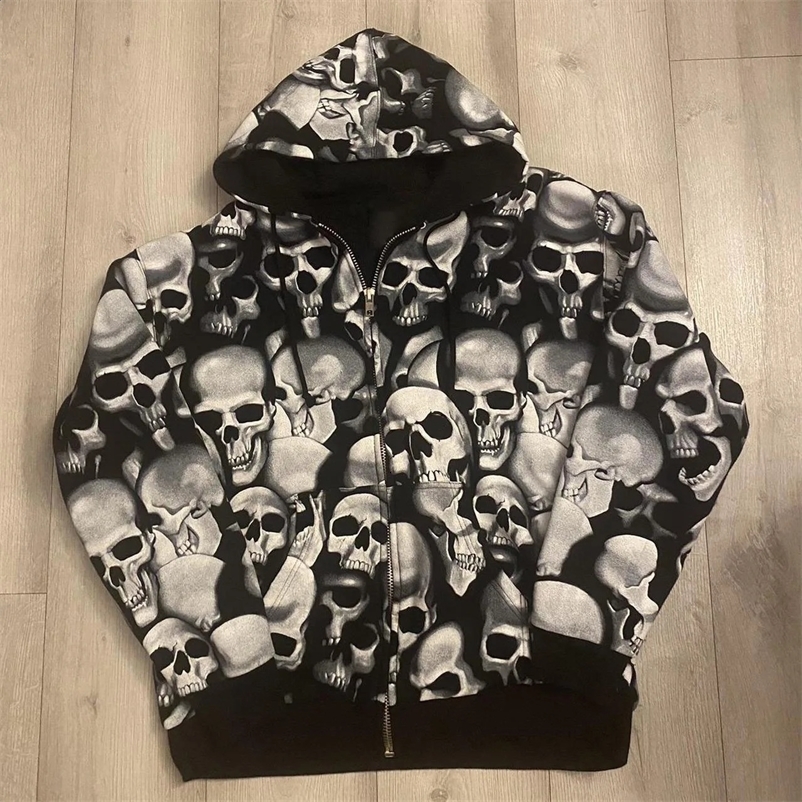 Zip Hoodie Men Y2K Clothes Halloween Hoodie Fashion Hoodie Goth Womens Head Skeleton Print Long Sleeve Sweatshirt Oversized Top 240912
