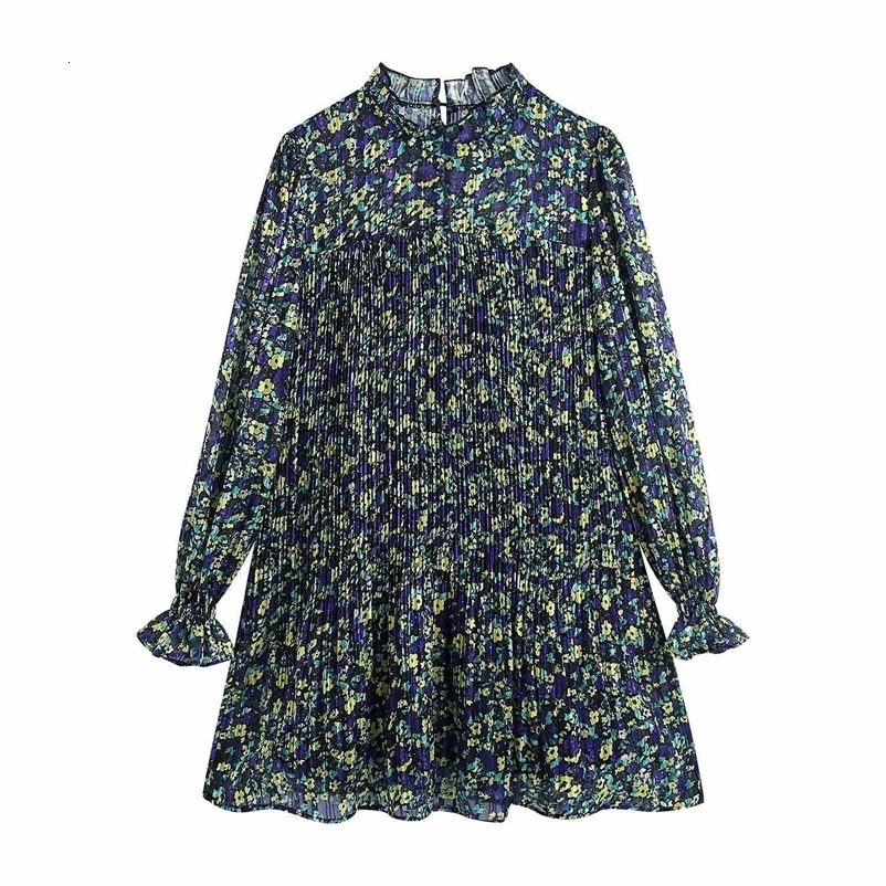 Women Chiffon Dress Printed Pleated Short Mini dress Long Sleeves Chic Lady elegant Vintage Casual Woman Dresses 210709