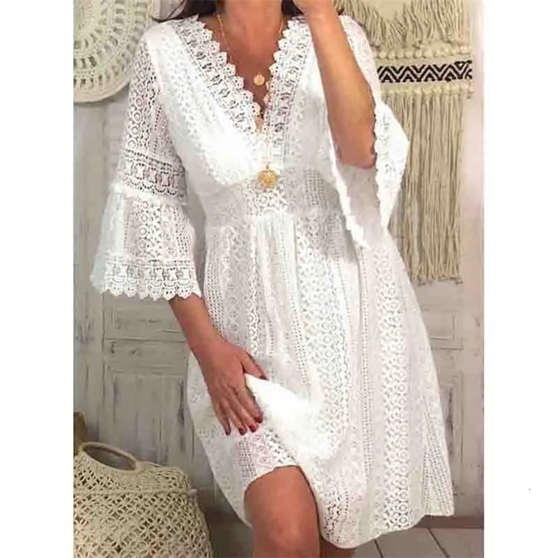 Fashion Hollow Out Sexy Lace Dress for Women Summer Short Sleeve White Party Dresses Knee Length Evening Dress Robe 28307 250222