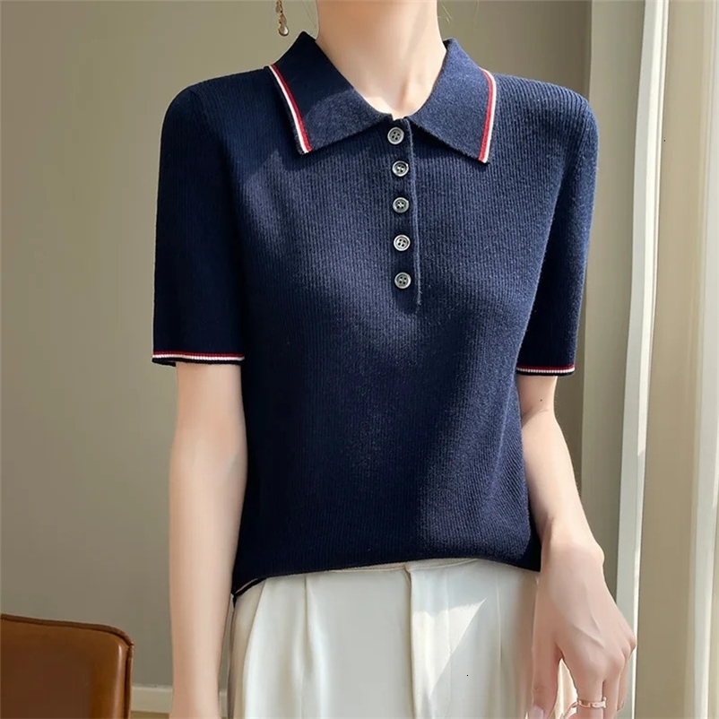 Womens Polo Collar Color Blocking Pullover T-shirt Wool Cotton Short-sleeved Tees Sweater Summer Fashion Knitted Bottoming Tops 240518