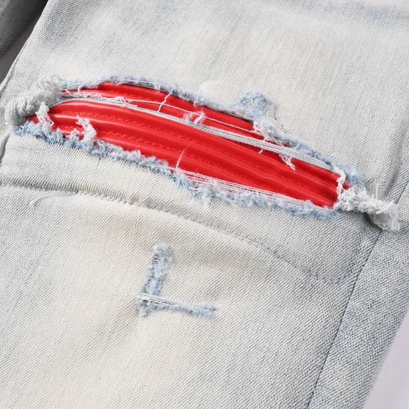 Fashionable new highquty mens jeans with pleats washed water nostalgic perforations red patches mens light blue jeans X250924