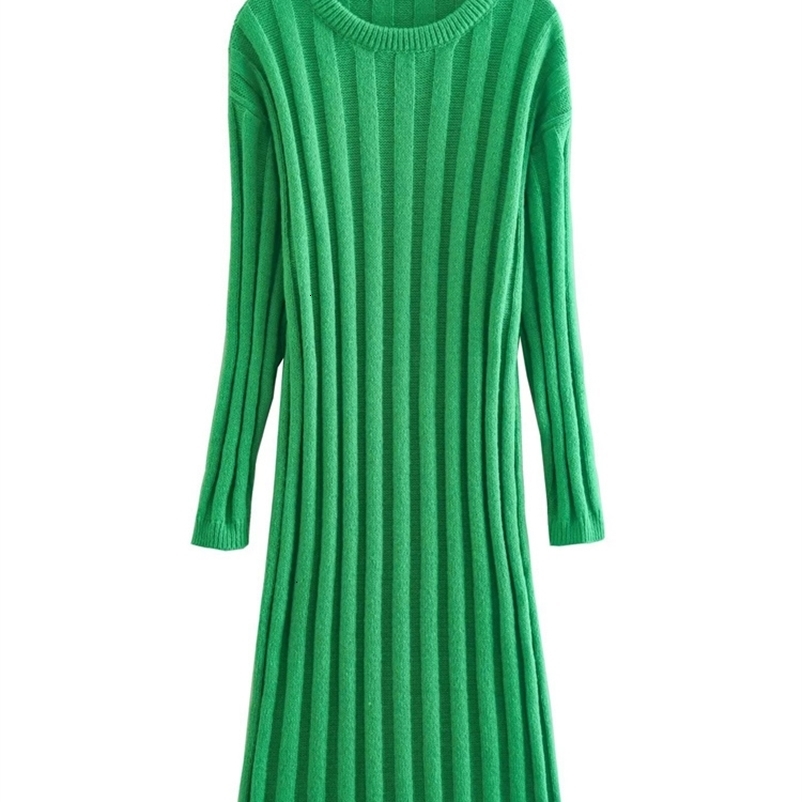 Casual Dresses Zevity Women Fashion Green Color Rib Knitting Dress Female Basic O Neck Long Sleeve Casual Slim Vestidos DS2656 230316