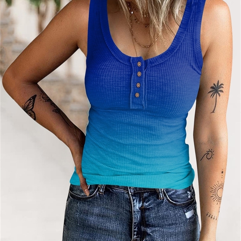 Camisoles Tanks Women Sleeveless U-Neck Casual Vest Gradient Print Sexy Slim T-Shirt New Summer Threaded Button Ladies Tank Top 230420