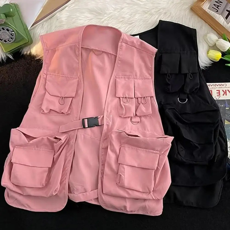 Multi Pockets Cargo Waistcoat Solid Color Hip Hop Style Women Men Sleeveless Loose Buckle Closure Jackets Vests 241021