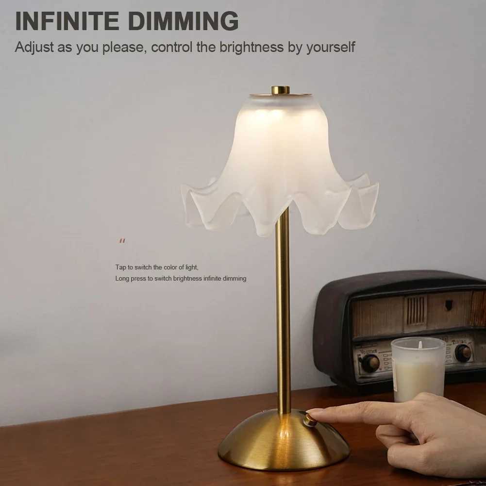Romantic Bedside Flower Table Lamp Touch Control Cream Style Pastoral Country Light USB Rechargeable Metal Base Stepless Dimming C251115