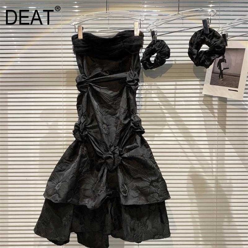 DEAT Women Black Pleated Personality Dress Strapless Sleeveless Arrivals Lady Sexy Fashion Spring Summer 11D490 210709