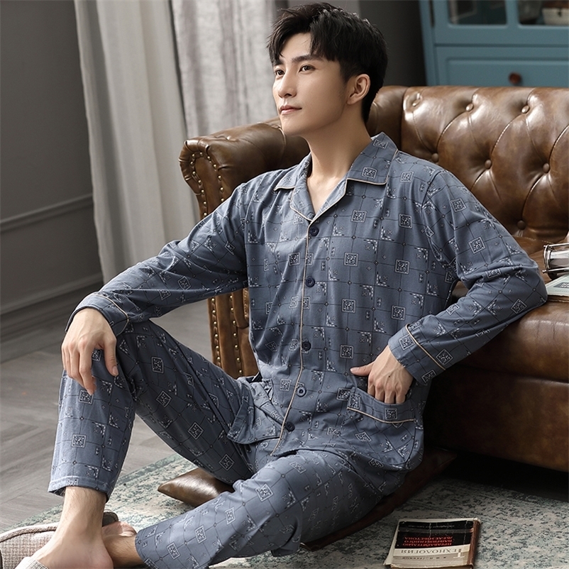 Men's Sleepwear Autumn 100% Cotton Pijama Hombre Lounge Sleepwear Pyjama Femme Plaid Spring Bedgown Home Clothes Man PJs Pure Cotton Pajamas Set 