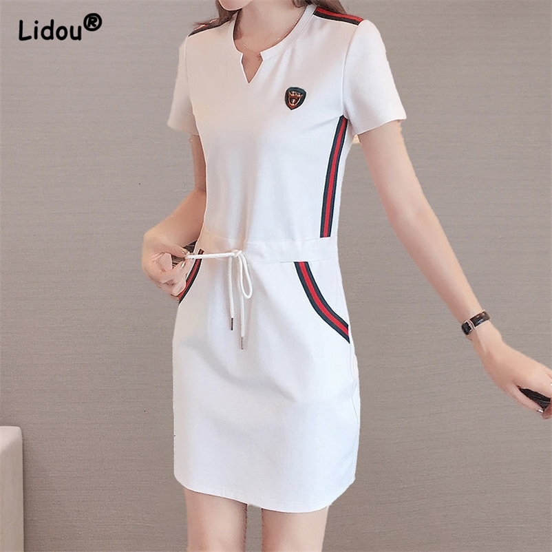 Basic Casual Dresses Elegant Casual V-neck Short Sleeve Solid Color Simple Comfortable White Dress Straight Loose Draw String Women's Clothing 23