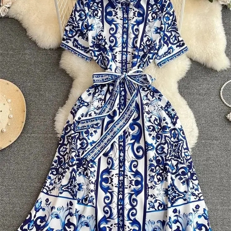 Summer Holiday Blue And White Porcelain Midi Shirt Dress Women Short Sleeve Single Breasted Lace Up Clothes Female Vestidos 240722