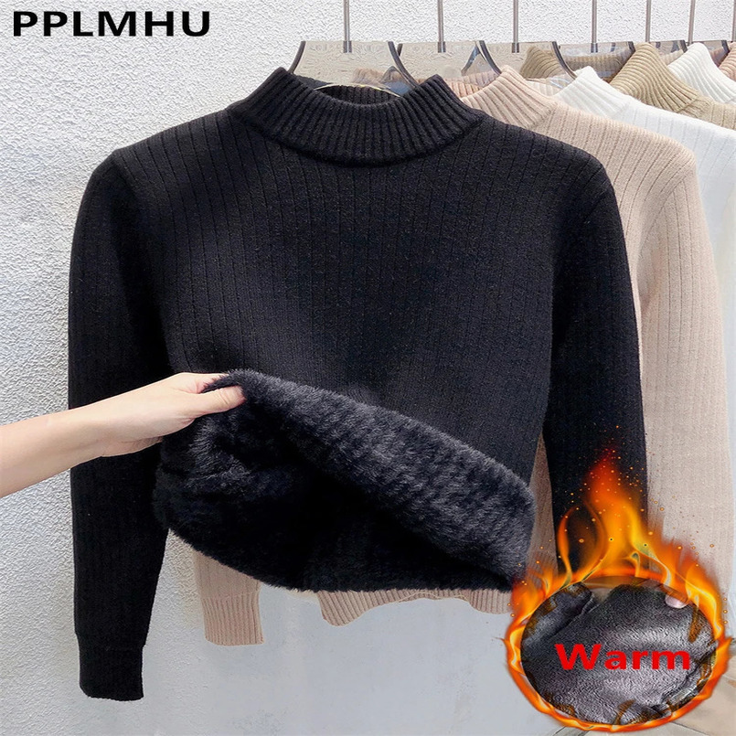 Sweater For Women Casual Thick Warm Knit Plush Velvet Lined Pullover Tops Fall Winter Soft Knitwear Jumper Slim Poleras 241217