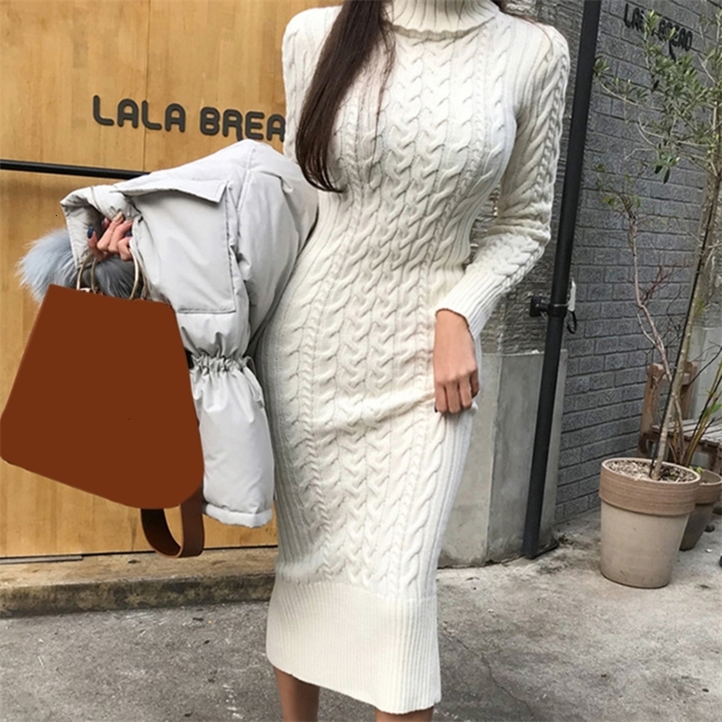 Casual Dresses Winter Knitted Dress Women Turtleneck Warm Criss Cross Street Pencil Dress Autumn Casual All Match Female Dresses 230316