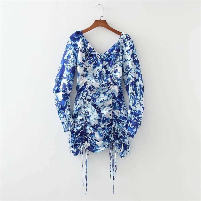 Summer Floral Draped Dress Women Vintage Casual Fashion Chic Lady Short Dress Women 210709