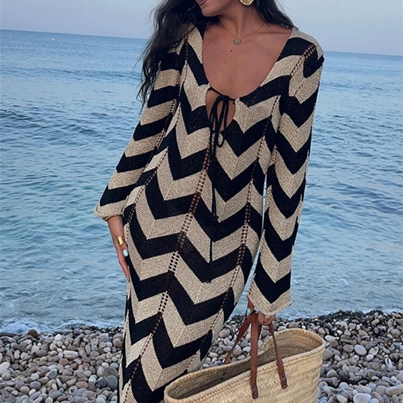 Striped Knitted Women Dresses Long Sleeve Lace Up Maxi Beach Dress For Woman Slim Knitting Hollow Out Square Neck Robes 250117