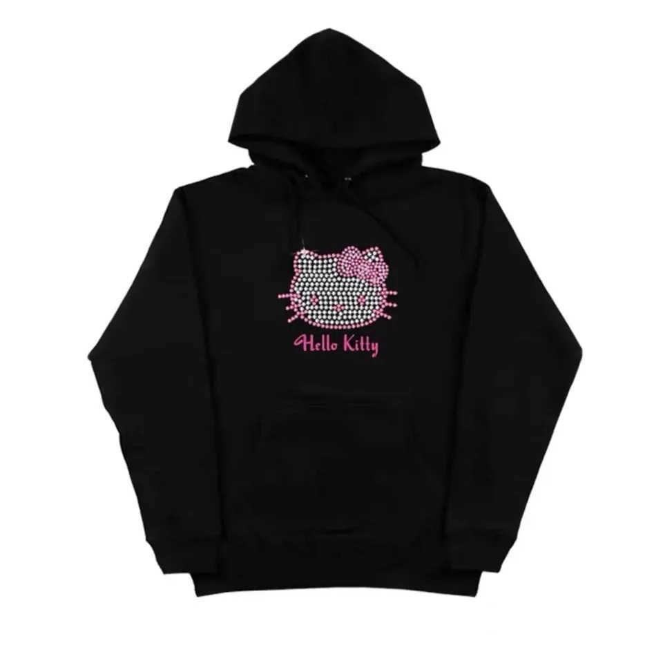 Sanrio Ins New Hello Kitty Hot Rhinestone Plus Fleece Hooded Sweatshirt European and American Style Kitty Y2K Hooded Sweatshirt L250924