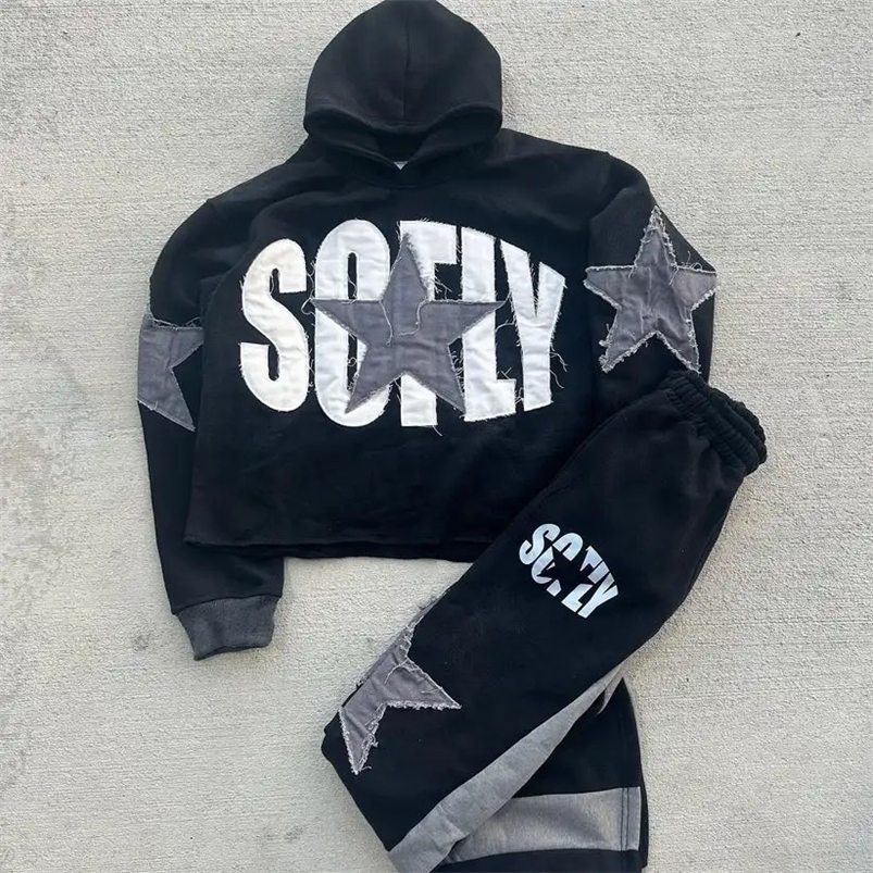 Gothic retro Harajuku star embroidered letter oversized mens and womens hoodies Y2K American hip-hop trend sports hoodies 241211