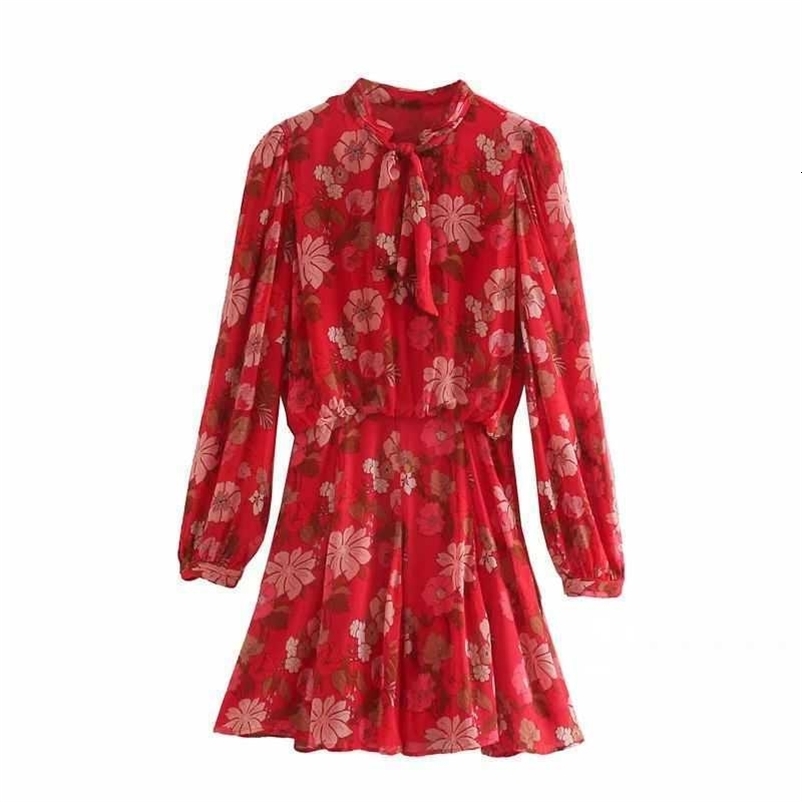 Women Dress Floral Printed Bow-Neck Long Sleeves Lined Mini Dress Femme Robe Ropa Mujer Vestidos 210709