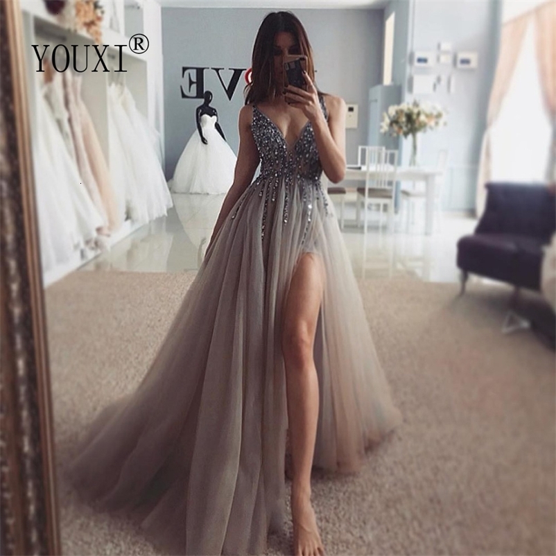 Party Dresses Beading Prom Dresses Long V Neck Light Gray High Split Tulle Sweep Train Sleeveless Evening Gown A-Line Backless Vestido De 230217