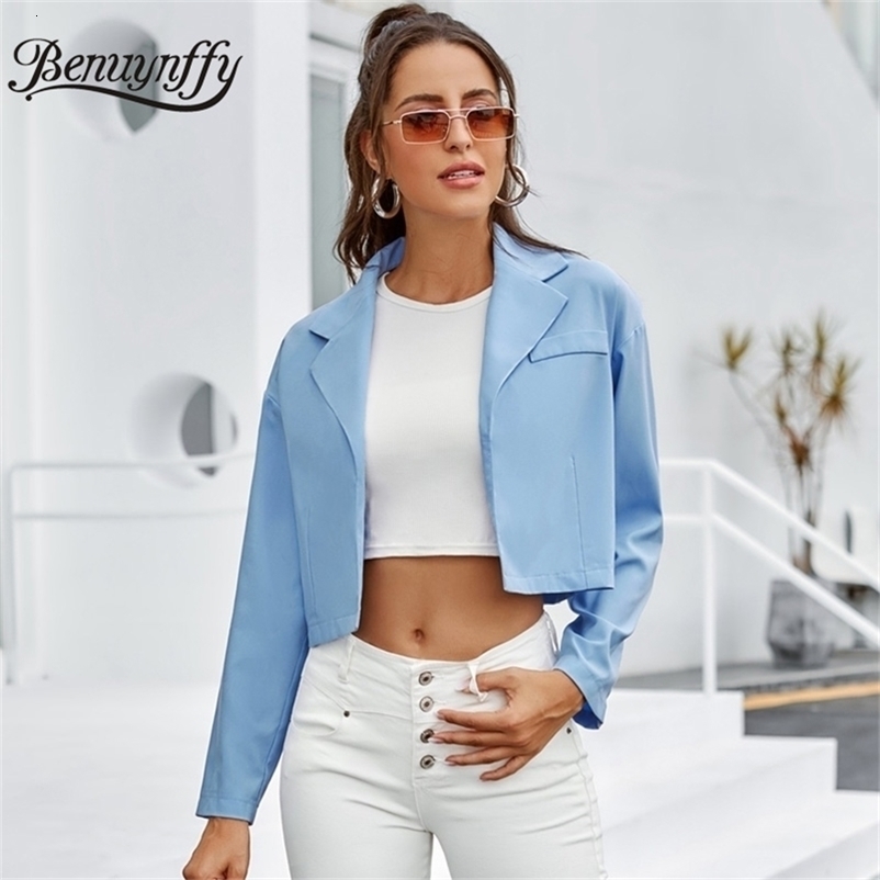 Solid Notched Long Sleeve Crop Blazer Women Spring Autumn Streetwear Female Suit Coat Office Casual Open Stitch 210510