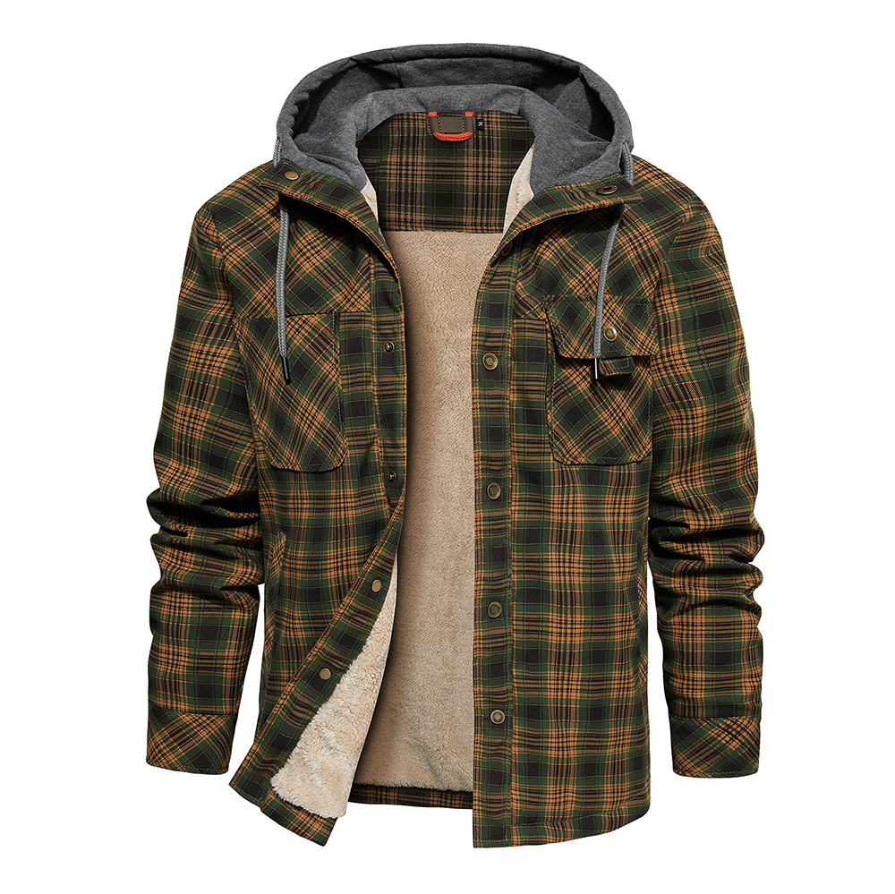 Men's Jackets Flannel Shirt Thickened 2025 Casual Loose Hooded Button Coat Spring and Autumn Classic Plaid Men's Tops with Pockets