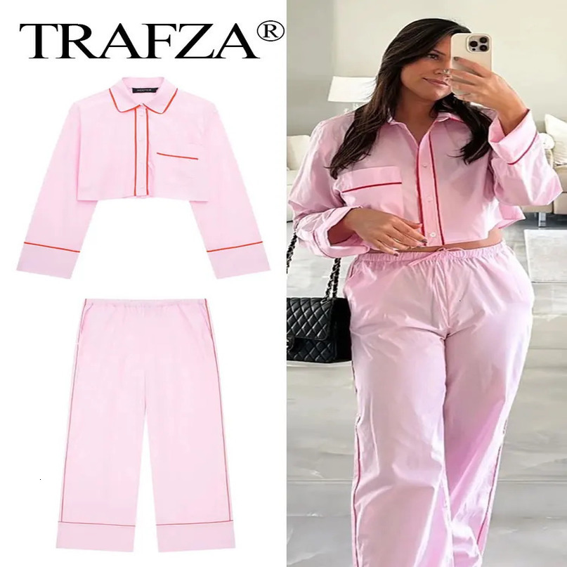 TRAFZA Women Elegant Pink Blouse Pant Suit Single Breasted Long Sleeve Shirt Drawstring Trousers Summer Female Streetwear Sets 240423
