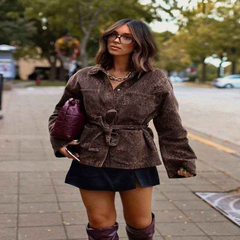 Leopard Printed Denim Single Chest Womens Coat Fashion Collar Long Sleeve Pocket Jacket Autumn Fashion Womens Coat 241115