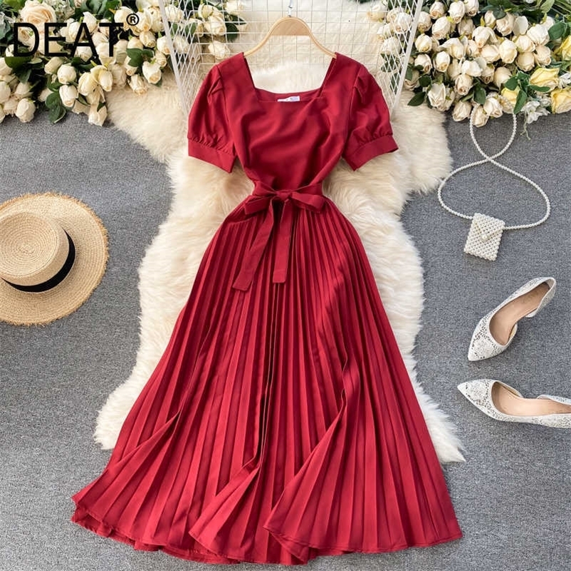 DEAT Summer Arrivals Solid Color Short Sleeve Square Collar High Waist Slim Pleated A-line Midi-Long Dress MZ693 210709