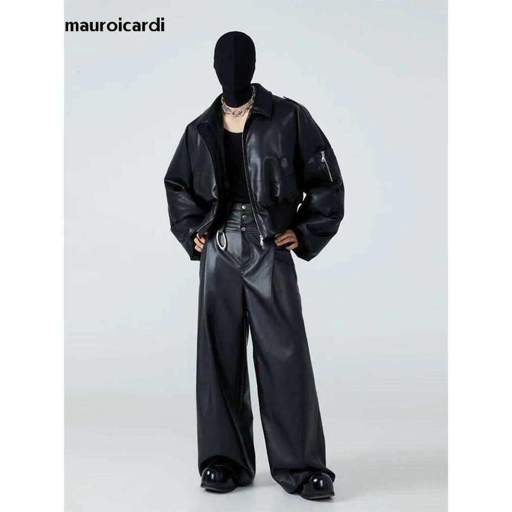 hoodie Mauroicardi Autumn Winter Short Thick Warm Black Pu Leather Jacket Men with Long Sleeve Zipper Casual Designer Clothes