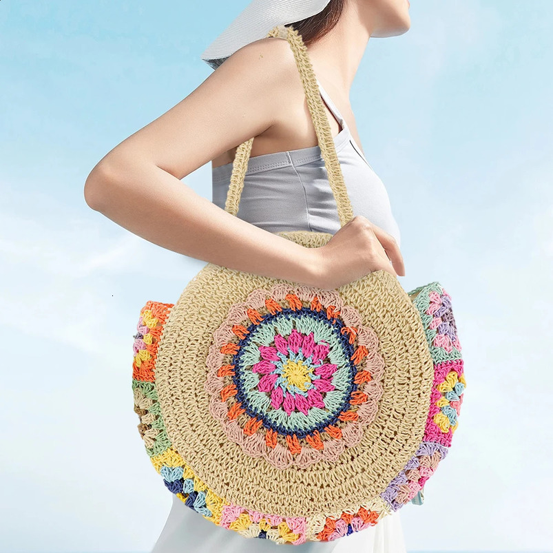 Womens Summer Beach Bag Round Straw Handbag Woven Shoulder Large Capacity Ethnic Style Travel Vacation 241014