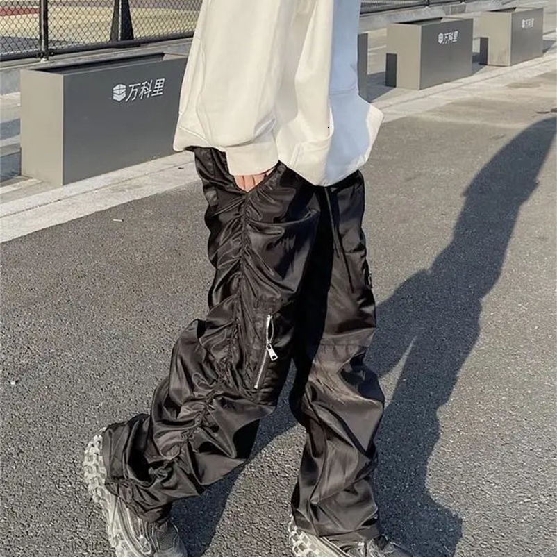 Functional Pleated Pocket Cargo Pants Men Y2K High Street Retro Street Hip Hop Loose Fashion Trend Straight Leg Pants 240814
